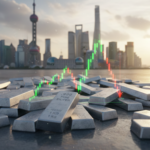 Ράβδοι φυσικού ασημιού 999 και γράφημα χρηματιστηρίου με φόντο τη Σαγκάη.