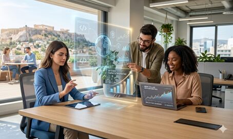 Νέοιεπαγγελματίες που χρησιμοποιούν εργαλεία τεχνητής νοημοσύνης στο γραφείο.